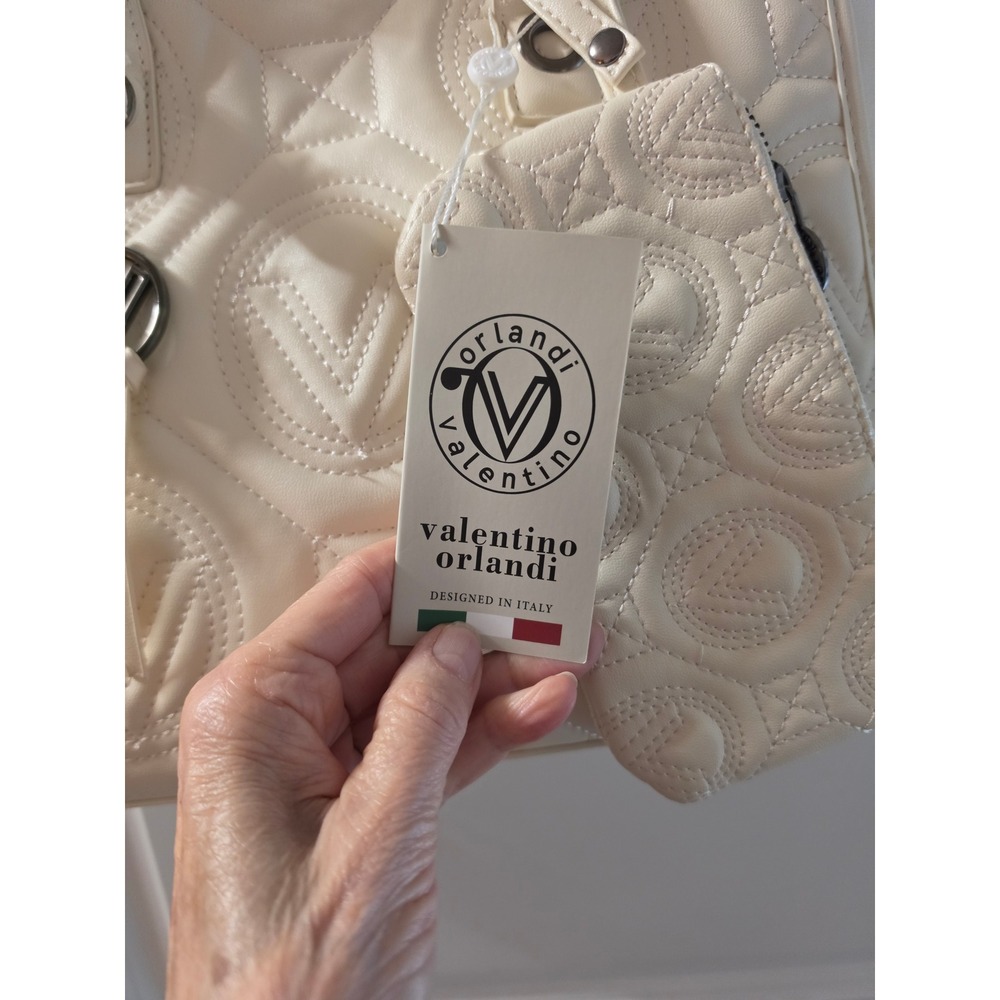 Valentino Orlandi Cream Quilted Logo Tote Bag Satchel with Pouch and Strap NEW - Picture 6 of 9